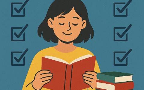 Zeichnung Lesende Person mit Büchern und Checkliste im Hintergrund